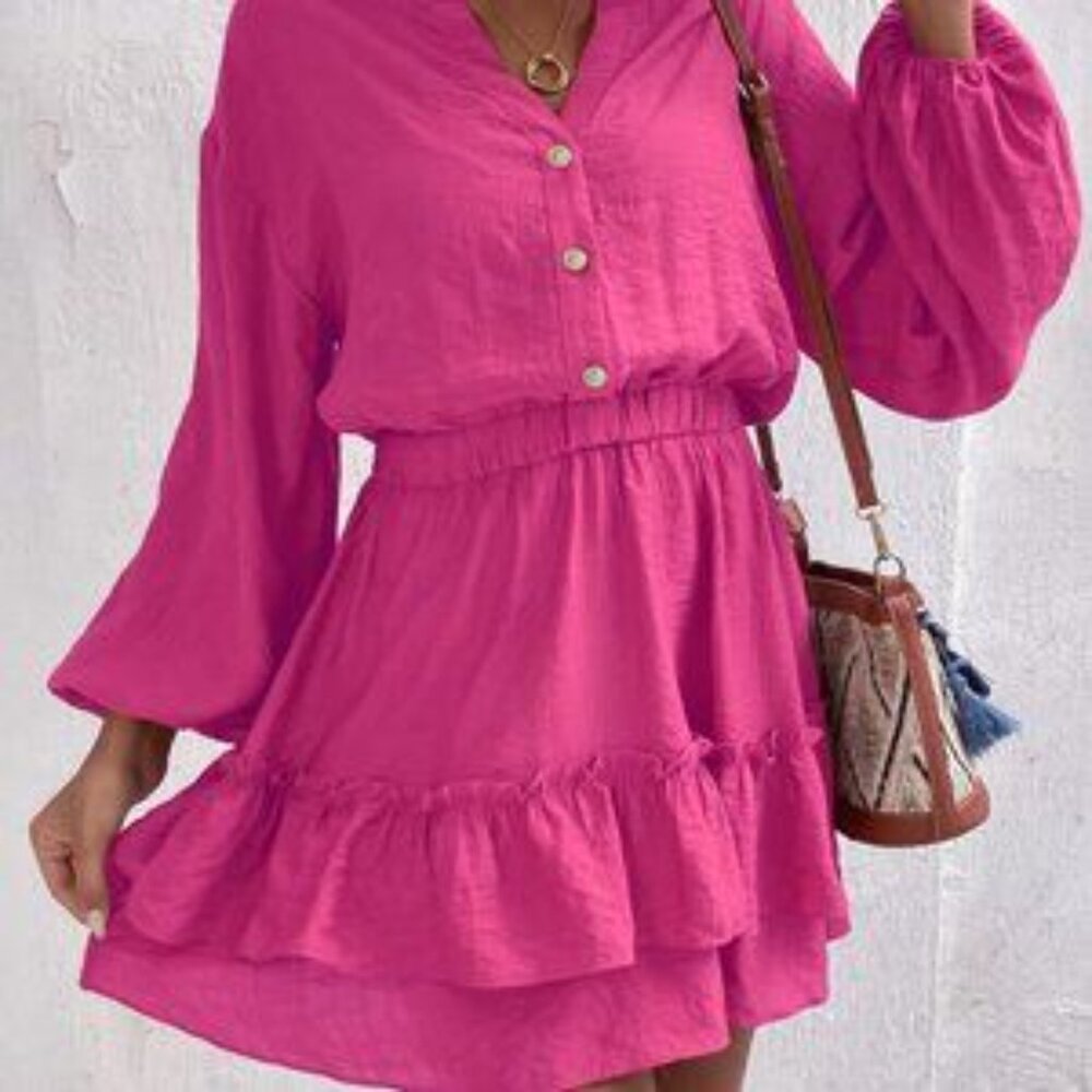 Pink Casual Women's Notched Neckline Lantern Sleeve Ruffle Hem Dress - Picture 4 of 4